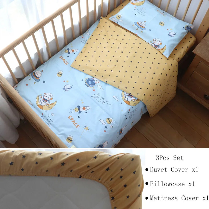 Baby Nursery Bedding Set 3 Pcs Cotton Cartoon Bed Linens Boy Girl Cot Crib Kit Pillowcase Quilt Cover Sheet Children Custom Size