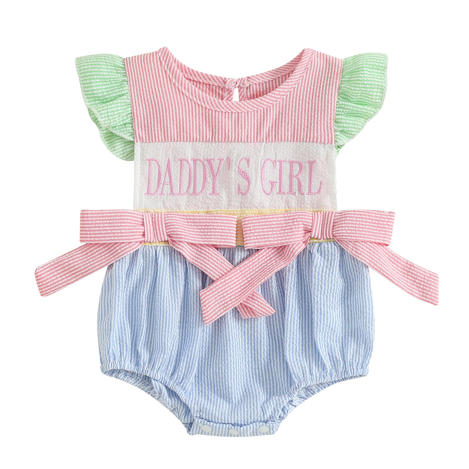 Infant Baby Girls Romper Fly Sleeve Crew Neck Striped Bows Embroidery Letters Infant Bodysuit Summer Clothes for Casual Daily