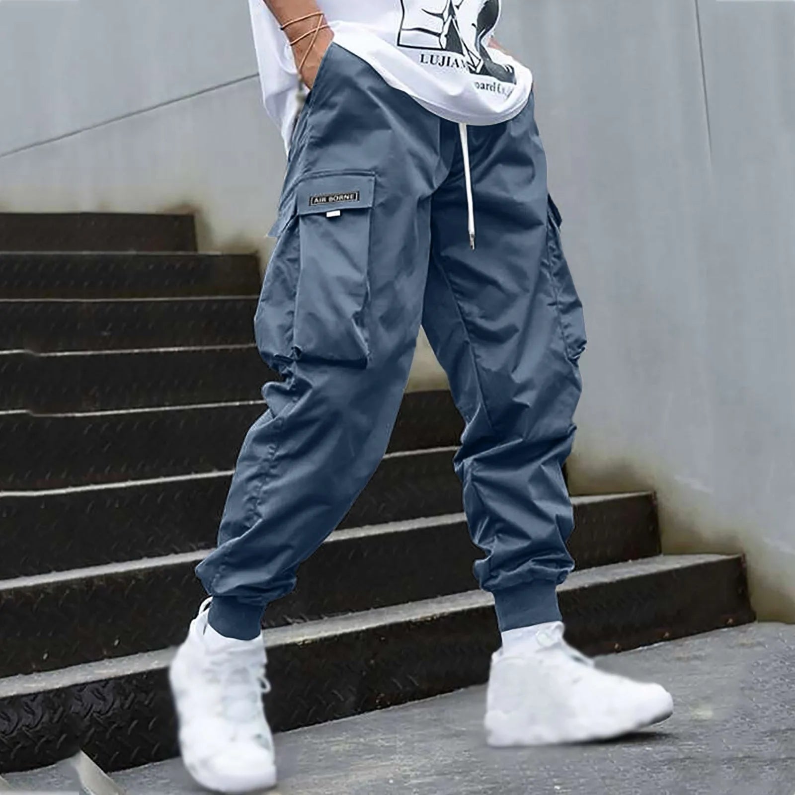 Men's Cargo Pants Streetwear Elastic Waist Jogger, Drawstring Pockets