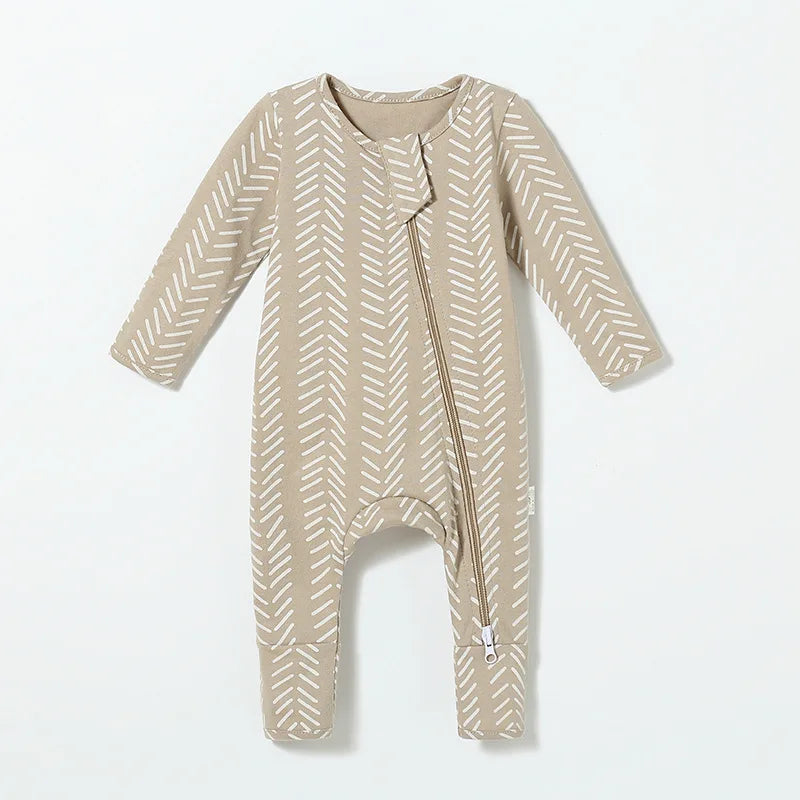 Spring/Summer/Autumn Newborn Romper - Organic Cotton Long-Sleeve Bodysuit with Side Zipper, Hand-Foot Covers