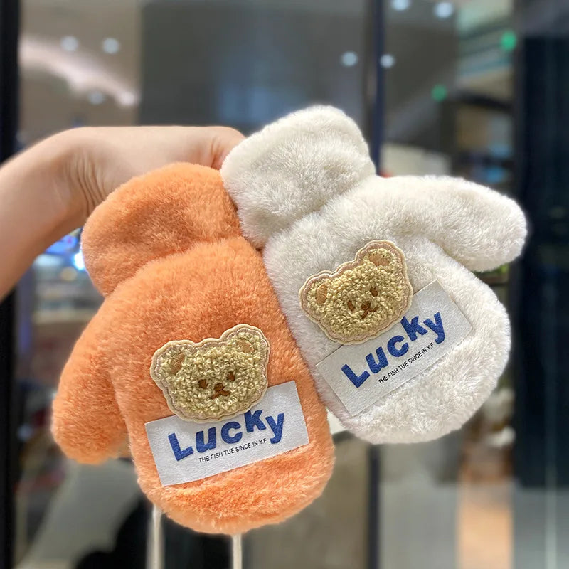 Warm Plush Thick Baby Gloves Winter Plus Coral Fleece Full Finger Gloves Warm Cartoon Gloves for Boys Girls 2-8Y