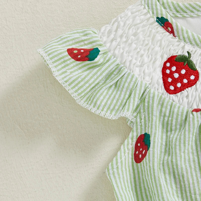 Infant Baby Girl Summer Romper Casual Strawberry Striped Print Fly Sleeves Jumpsuit for Newborn Toddler Cute Clothes
