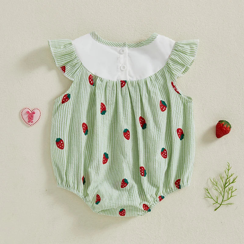 Infant Baby Girl Summer Romper Casual Strawberry Striped Print Fly Sleeves Jumpsuit for Newborn Toddler Cute Clothes