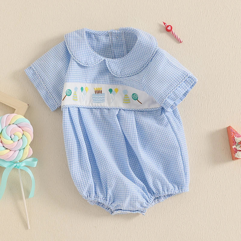 Summer Infant Baby Boys Girls Rompers Short Sleeve Doll Collar Cake Embroidery Smocked Bodysuit Playsuit