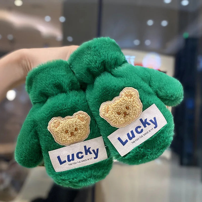 Warm Plush Thick Baby Gloves Winter Plus Coral Fleece Full Finger Gloves Warm Cartoon Gloves for Boys Girls 2-8Y