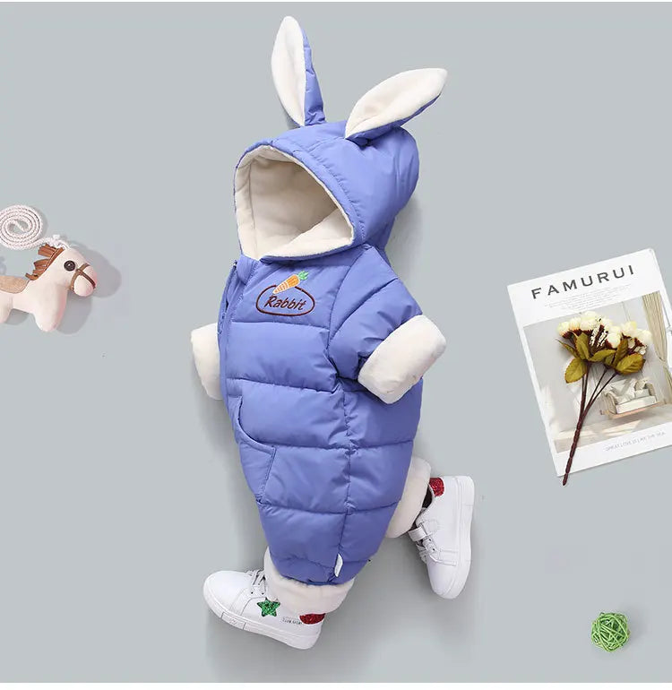 Winter New Baby Rompers Boys Girls Patchwork Thick Plus Velvet Jumpsuits Windproof Hooded Overalls Snowsuit One Piece Bodysuit