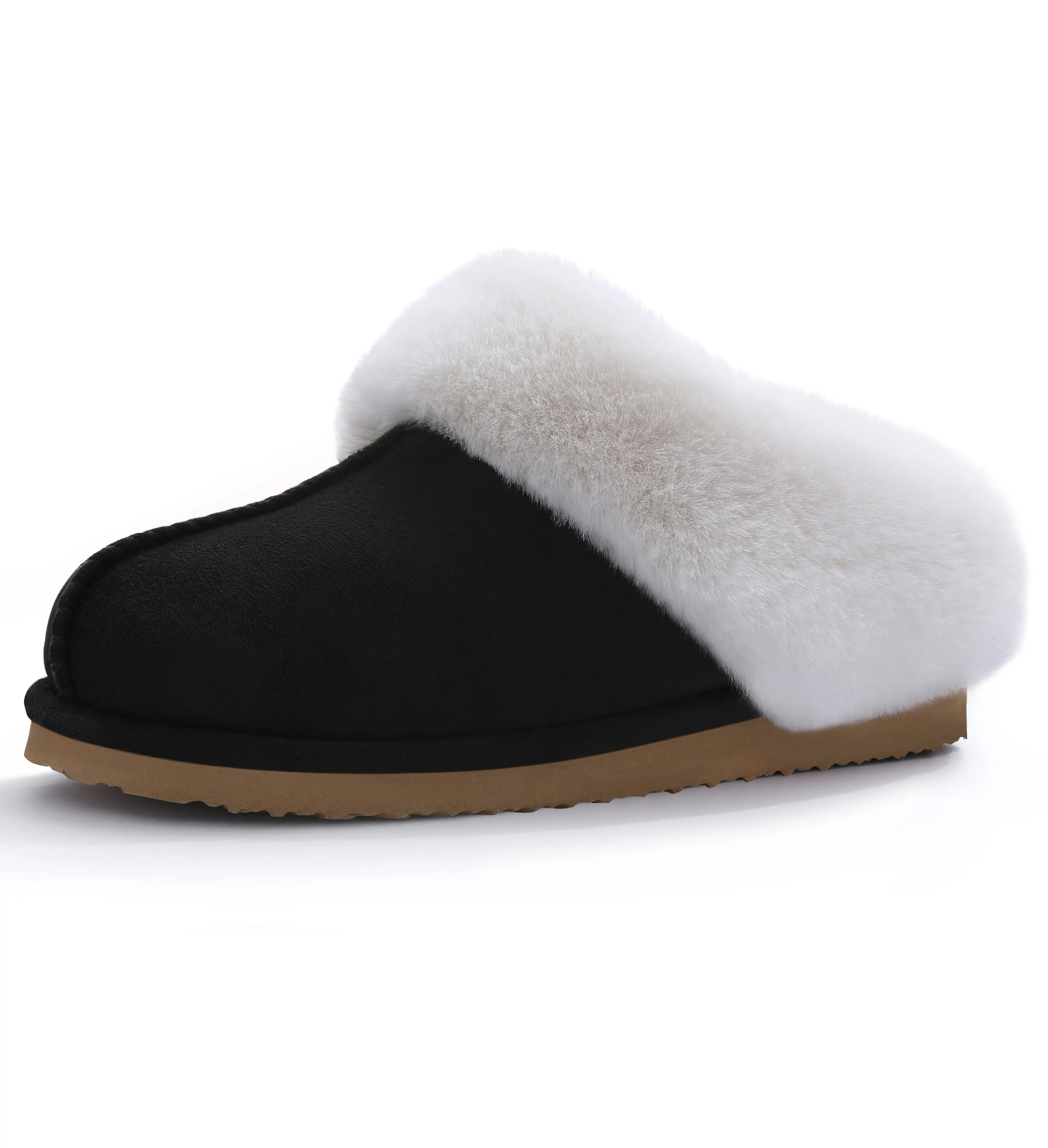 Shevalues Winter Fur Collar Slippers Women's Plush Furry Slippers Cotton Flat Memory Foam.