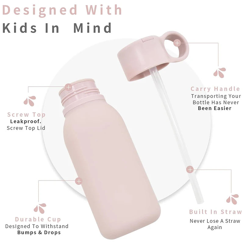 Food Grade Silicone Bottle With Straw Children Portable Reusable Plastic Cups Outdoor Travel Cold/Hot Water Drinking Bottle