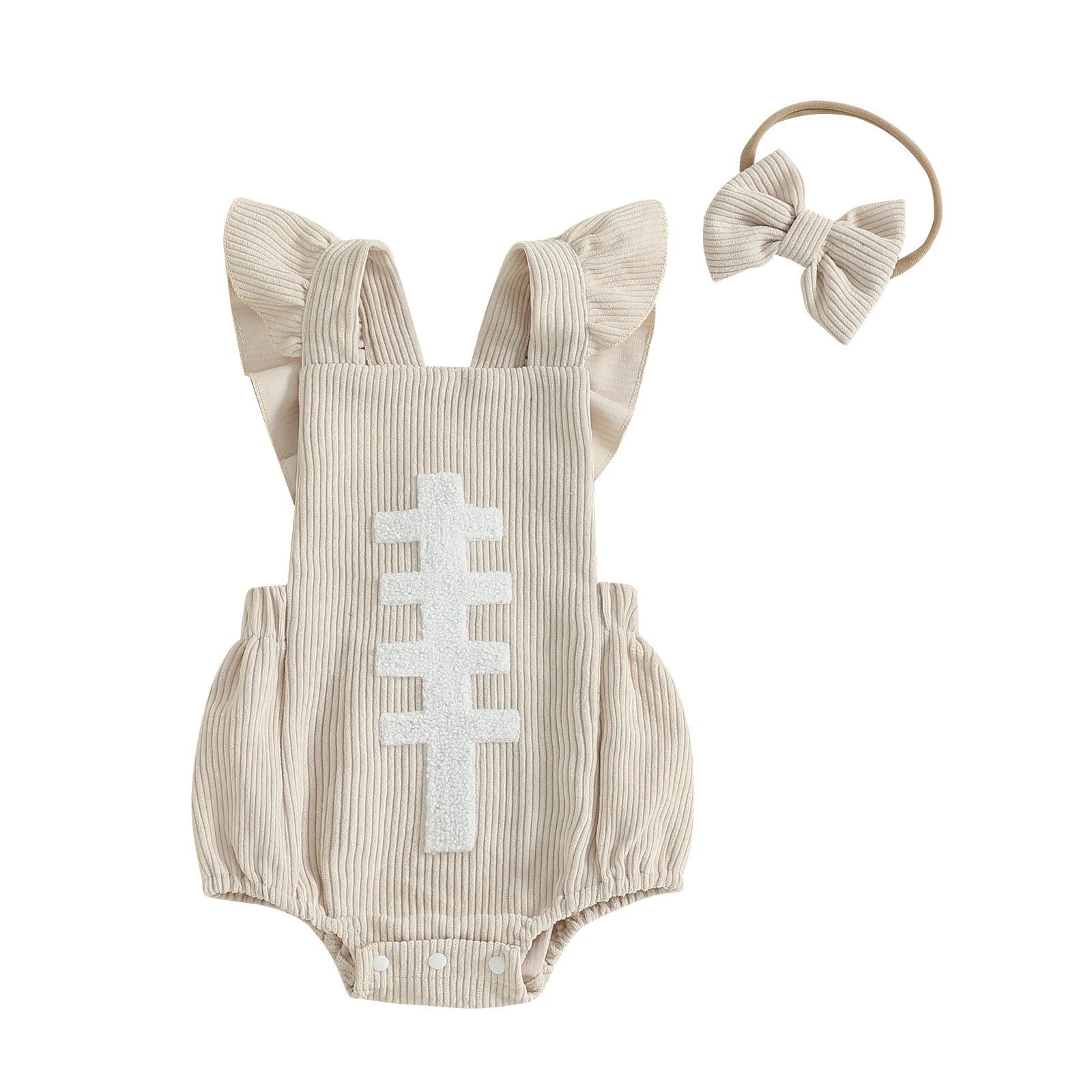 Baby Girl Fall Outfits Ruffle Sleeveless Football Embroidery Romper with Headband Set Newborn Clothes