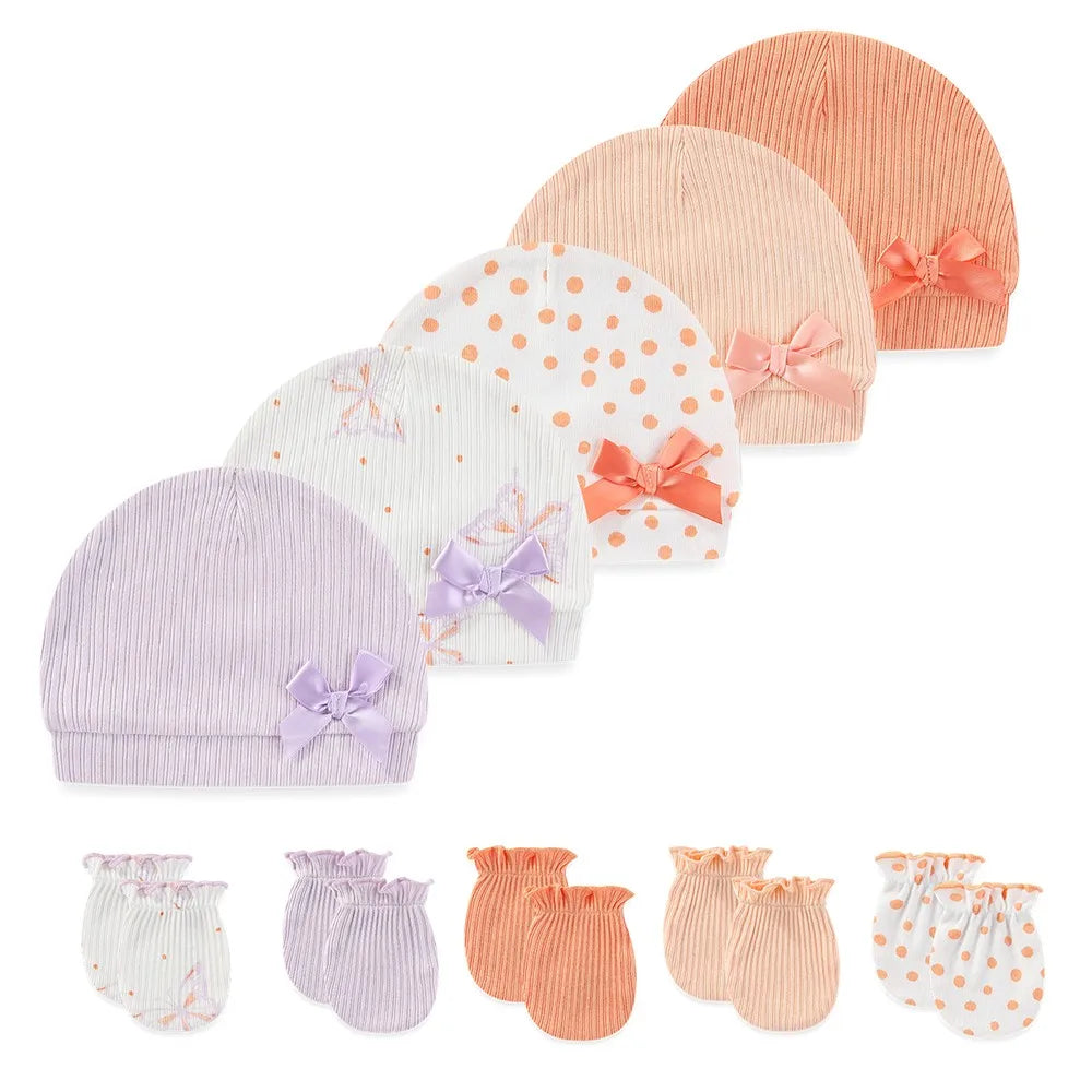 Fashion Cute 10-Pair Baby Caps+Mittens Set Newborn Boy Girl Hats Not Scratch Gloves Four Seasons Infant Accessories