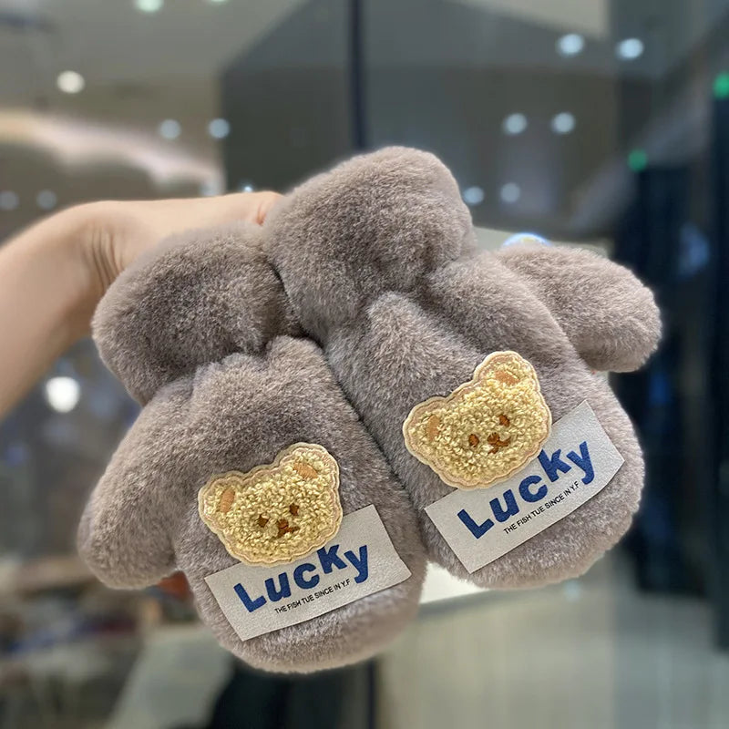 Warm Plush Thick Baby Gloves Winter Plus Coral Fleece Full Finger Gloves Warm Cartoon Gloves for Boys Girls 2-8Y