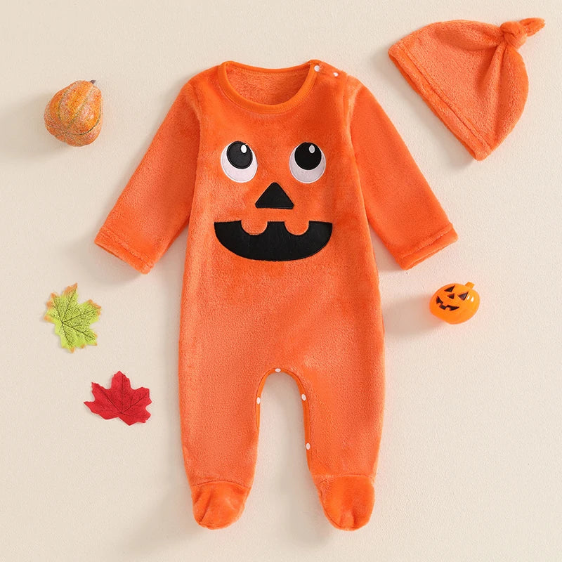 Toddler Boys Spooky Halloween Costume Set with Pumpkin Print Romper Long Sleeve Crew Neck Jumpsuit and Matching Hat