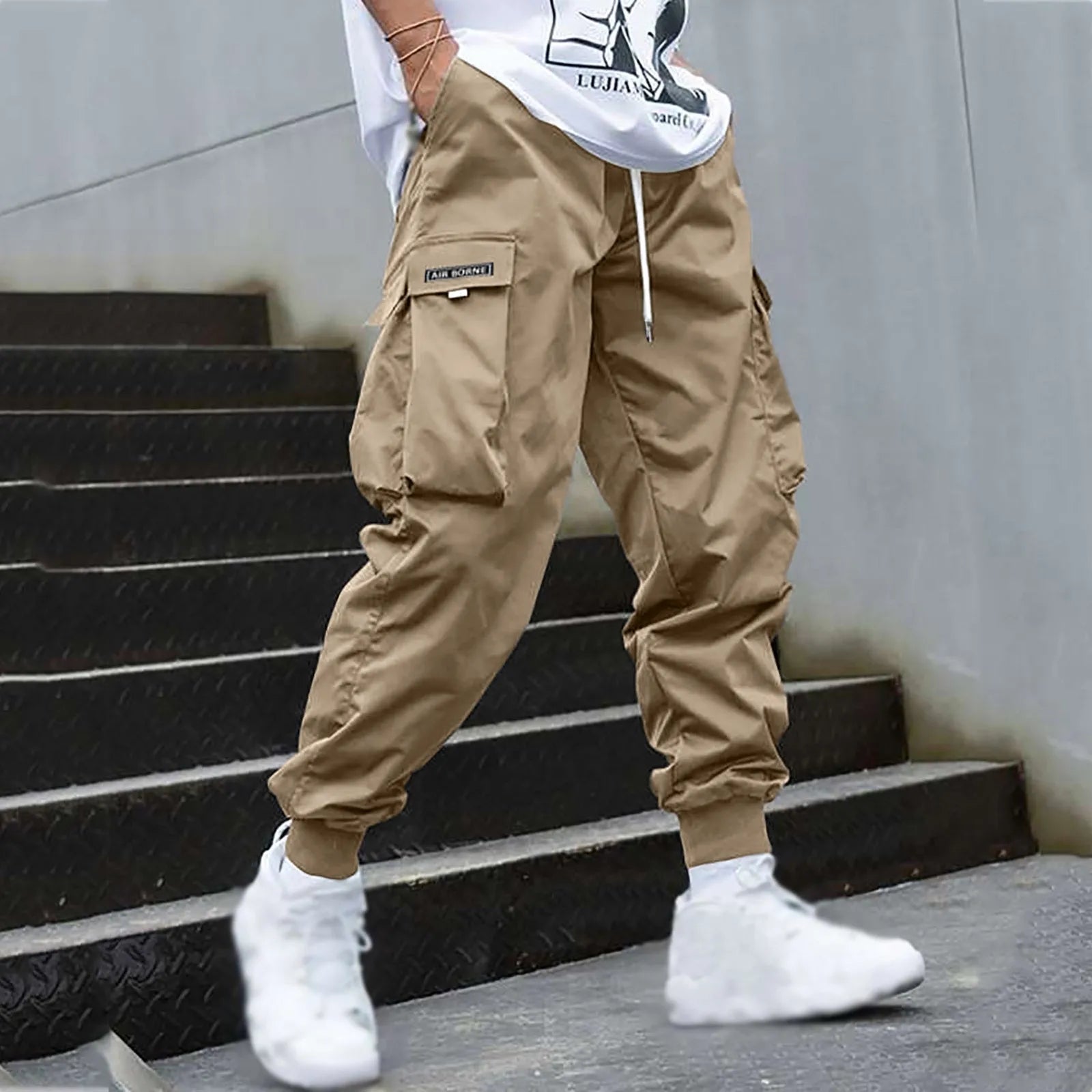 Men's Cargo Pants Streetwear Elastic Waist Jogger, Drawstring Pockets