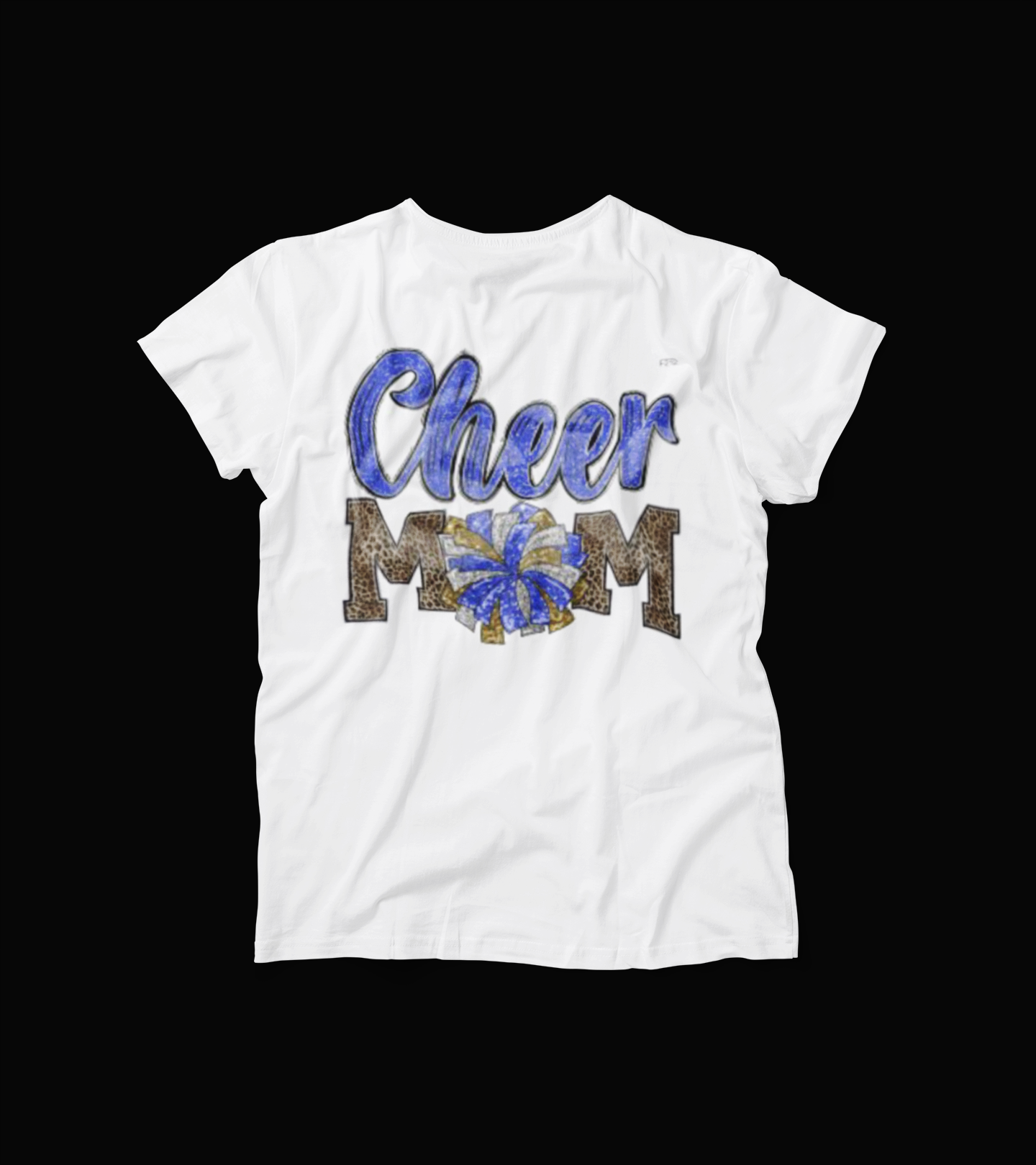 Cheer Mom T-Shirt – Blue Bow & Leopard Print Graphic Tee – Cheerleading Spirit Shirt for Moms – White Game Day Proud Parent Top