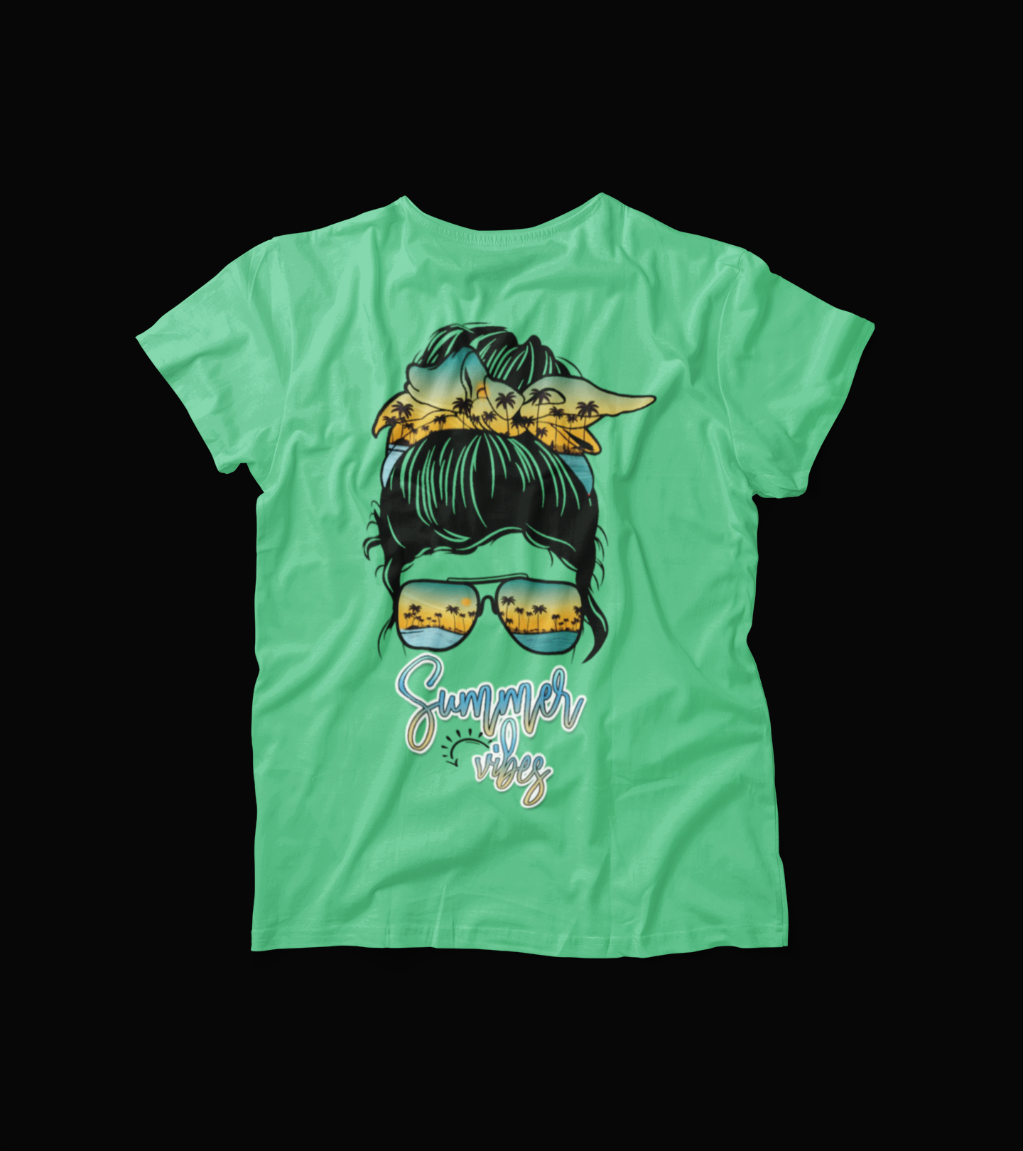 Summer Vibes T-Shirt – Messy Bun Graphic Tee with Sunglasses – Beach Palm Tree Vacation Shirt for Women
