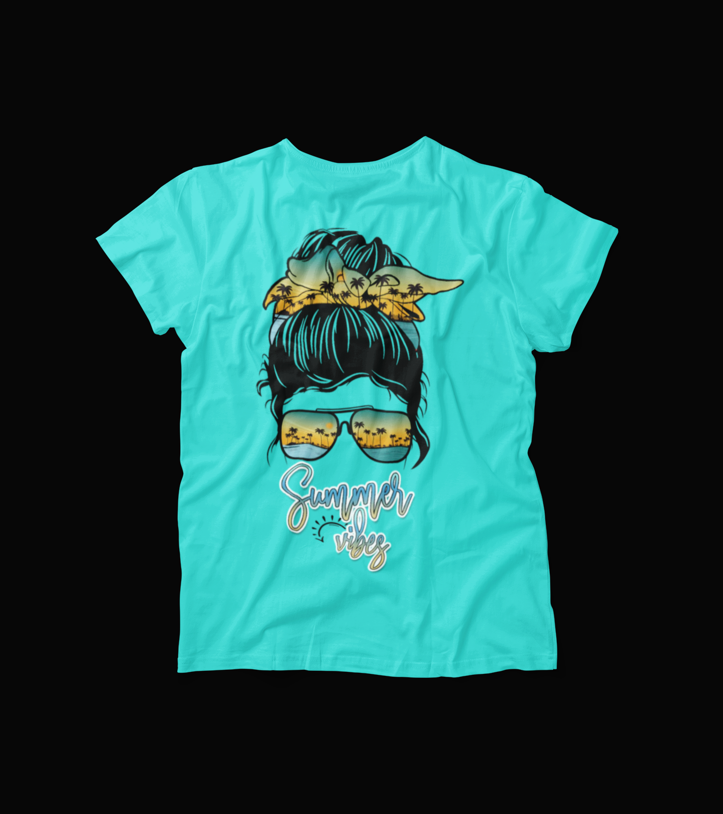 Summer Vibes T-Shirt – Messy Bun Graphic Tee with Sunglasses – Beach Palm Tree Vacation Shirt for Women
